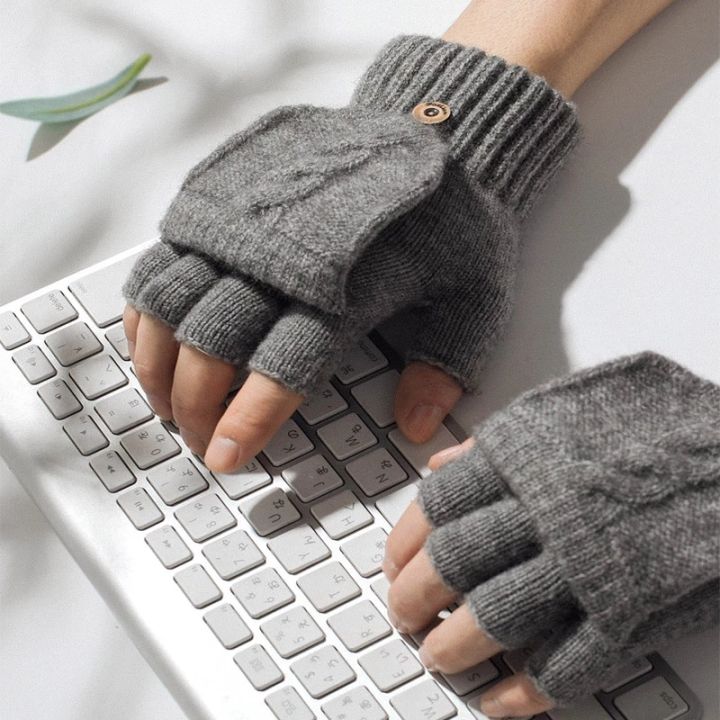 Pairs Autumn Winter Knitted Half Finger Gloves Flipped Cover