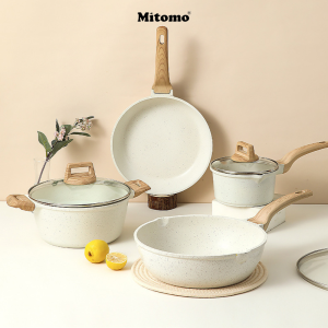 Bộ nồi vân đá chóng dính cao cấp 4 món Mitomo Granite đúc nguyên khối nấu trên mọi loại bếp - Hàng chính hãng