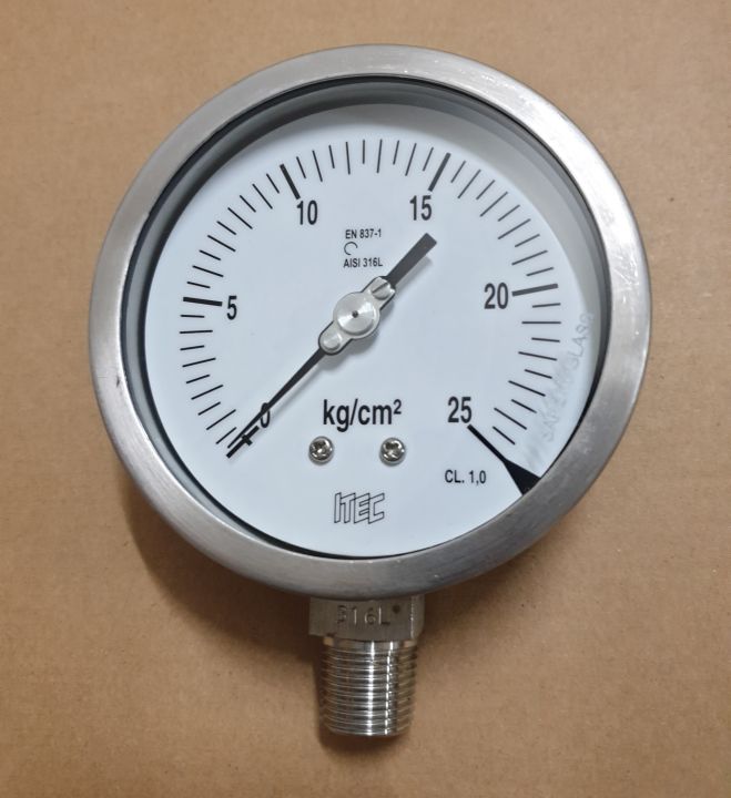 PRESSURE GAUGE " ITEC " หน้าปัด 4 นิ้ว เกลียว ½ นิ้ว สแตนเลส ตัวบอดี้