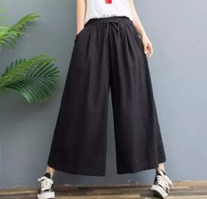กางเกงผ้าฝ้ายลินินสาวอวบทรงขาบาน เอวยางยืดมีเชือกสีพื้น 11