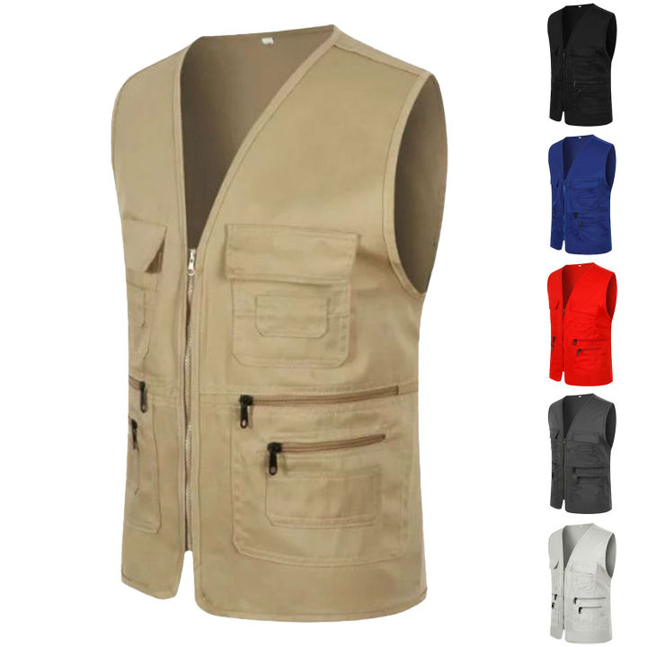 Men Vest Jacket Solid Color Multiple Pockets Zipper Unisex Sleeveless