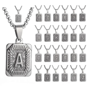 Stainless Steel Pendant Necklace Men Fashion Letter Square Necklace Adjustable Chain Necklace Present for Man Woman