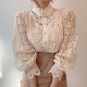 Vintage Solid White Lace Blouse Shirts Women New Korean Button Loose Shirt Tops Female Hollow Casual Ladies Blouses Blusas2026