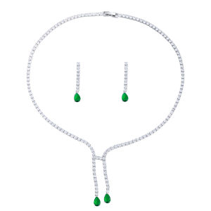 Sequito Tuyệt Đẹp trang sức nữ mạ vàng trắng Pave Thiết Lập Vòng Aaa đá Cubic Zirconia Màu Xanh Lá Cây Mặt dây chuyền giọt nước Bông tai Thả Dài Bộ vòng cổ Cho Prom Đảng Sj383