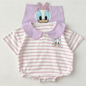 Disney Stripe Cartoon Print Onesie Baby Girls Boys Mickey Mouse Short Sleeve Rompers Newborn Donald Duck Daily Wear Jumpsuits