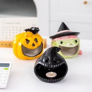 DFYER56 Cartoon Halloween Pumpkin Candlestick Cute Ceramic Halloween Candy Dish Home Table Ornaments Newly Bat Candle Holder Halloween