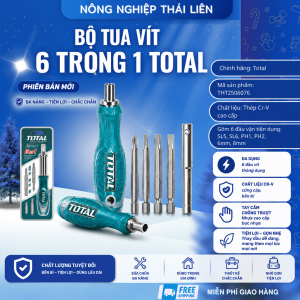 Bộ tua vít 6 trong 1 TOTAL THT2506076 thép CR-V siêu bền đầu vít dễ dàng thay thế