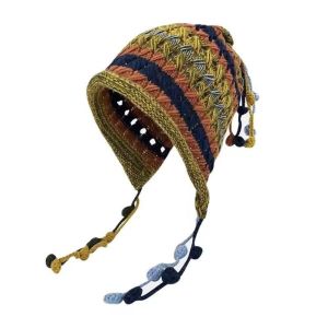 XYAX Contrast Color Crochet Beanie Hat Knitted Fabric Handmade Ear Flap Cap Handmade Floral Headwear Ear Protection Boho Knit Bonnet Winter Travel