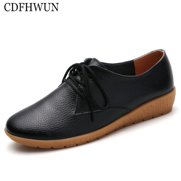 CDFHWUN Large Size Oxford Shoes for Women Lace-Up Oxford Leather