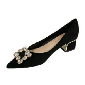 Free Shipping Shallow-Toe Chunky-Heel Pumps For Women New Autumn Collection Featuring Sparkling Embellishments Elegant Pointed-Toe Design Soft Sole Versatile For Work And High Heels