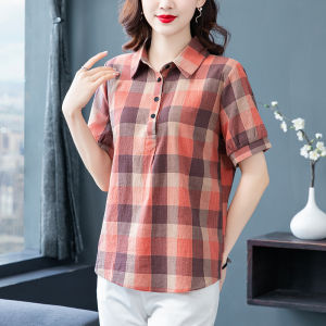 AMMIN เสื้อเชิ้ตลายสก็อตแขนสั้นสําหรับผู้หญิงเสื้อเบลาส์ทรงหลวมผ้าคอตตอนและลินินแบบลําลองขนาดใหญ่พิเศษแฟชั่นสไตล์เกาหลีสําหรับฤดูร้อน