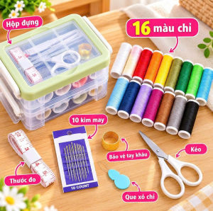 Hộp Kim Chỉ 2 Tầng 16 Màu Chỉ 10 Kim May Kéo Thước Đo – Bộ Dụng Cụ Khâu Vá Có Que Xỏ Chỉ Gọn