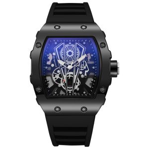 RANG Large Dial Mens Quartz Watch Silicone Band Hollow Out Design Casual Quartz Watch Stylish Wine Barrel Shape Sports Quartz Watch For Men