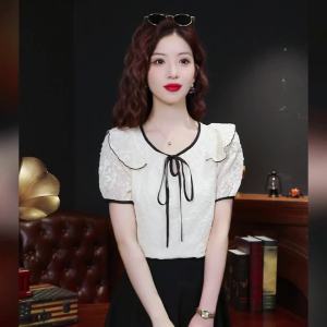 AMMIN หูกระต่ายเสื้อชีฟองแขนสั้นคอวีแนวฝรั่งเศสสำหรับฤดูร้อนเสื้อหรูหราผ้าปะแต่งระบายหวานฤดูร้อน