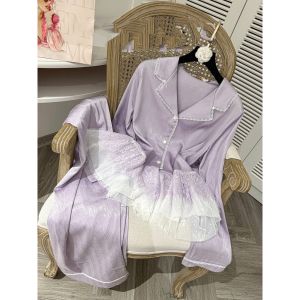 HT758 Bộ đồ ngủ lụa xước phối ren bèo xoè LYLYPijama dài tay tiểu thư tôn dáng HT758