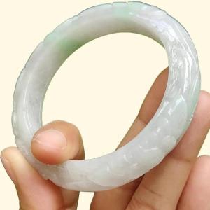 Type A Natural Jadeite Jade - Light Lavender Light Green Peace Bangle crafted with Patterns of Flowers certificate weighs 54.67 grams Wrist Size 56.6mm Width 11.7 and Thickness 9mm (bangle11)