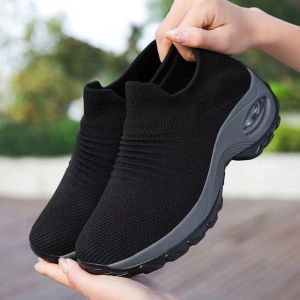 Korean Fashion Slip On Sock Shoes For Women Lightweight Breathable Thick Sole Casual Black Rubber Shoes For Women On Sale