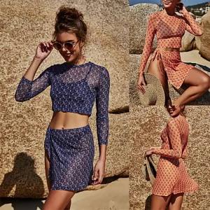 Vamos Todos 2021 New Printing Beach Cover-Up Bikini Dress Long Sleeve Top Side Belt Skirt See Through 2 Piece Set Women Clothes
