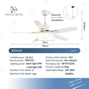 GREEN WIND 42"/48"/52" Ceiling Fan With Light DC Inverter Ceiling Fan and Lighting 5 Iron Blades 6 Speed Gears Fan Lights