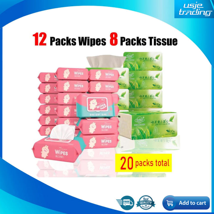 USJE 20PCS Combo Unscented 12 packs Wipes 80 sheets per pack Hand/mouth Wipes and 8pcs per pack