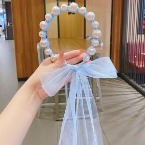 Bando Mutiara Untai Tali Pita Sifon Pearl Headband Hairband Ribbon Bandana Pearl Pita Tulle Panjang Gaya Korea Bando Anak Import PTT