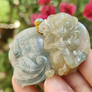 Light green and Yellow Natural Type A Jadeite Pendant a rare collection carved with Monkey Elephant and Ruyi symbols of Wisdom strength authority good luck and protection certificate included weigh 47.85 grams 55.7 * 36 * 13.8 mm (pendant74)