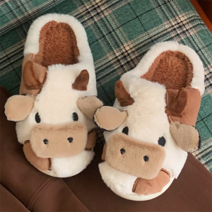 XIXITIAO Non-Slip Warm Plush Shoes Female Winter Student Dormitory Soft Pet Cute Girl Heart Full Heel Wrap Cow Cotton Slippers