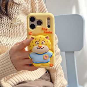 3D Telescopic Stand Cartoon Leopard Silicone Phone Case for iPhone 13 14 15 16 17 Pro Max Casing Soft Silicone Cover for iPhone 16 Pro Max Case