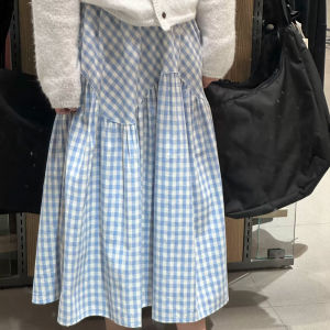 Korean Simple Plaid A Line Long Skirt High Waist Wide Hem Umbrella Dress Skirt