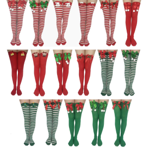 Women Christmas Striped Thigh High Stockings with Santa Claus Bow Red Green Over Knee Long Socks Halloween Hosiery