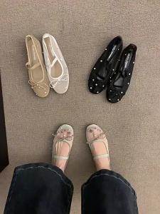 Giày ballet mũi tròn lưới có dây đeo đá rhinestone cho phụ nữ ins Giày bệt Mary Jane rỗng giày đơn giày lưới