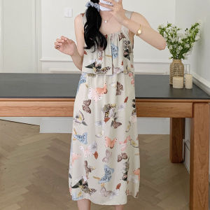 Ruige summer wide suspender rayon nightdress womens new large size anti-bumping pajamas national style cotton silk loungewear thin