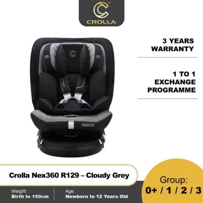 Crolla Nex360 R129 Isofix Car Seat (New Born to 150cm) - 3 Years Warranty. Black and red design. ECE R129 certified. 360° smooth rotation. i-Size certified. 1 to 1 crash exchange. 3 years warranty.