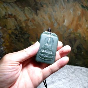 Premium deep green with bluish hue Nephrite double sides carvings Baboo Forest Guan Yin on Lotus Jade pendant/handheld (with certificate) [Natural Crystal] 和田玉且末蓝调双面雕刻端坐莲台竹林观音大士吊坠/手把(带证书)