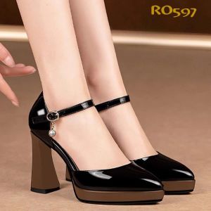 [ẢNH THẬT] Giày cao gót da bóng phối màu ROSATA RO597 cao 8p - Nâu Đỏ - HÀNG VIỆT NAM - BKSTORE