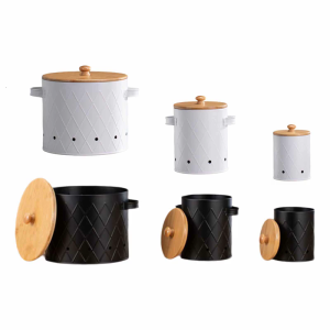 Farmhouses Style Vegetable Storage Bin Set for Potatoes Onions and Garlic with Bamboos Lids Durable Carbon Steel Designs