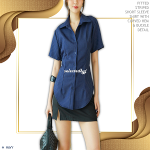 Blus Wanita Striped Elegan Lengan Pendek dengan Potongan Curve dan Kancing Belakang