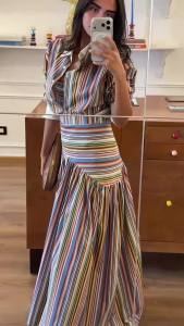 Colorful Striped Shirt 2-pieces Outfit 2026 New Famale Lapel Single-breasted Full Sleeve Blouses Pleated Long Skirts Womens Set2026