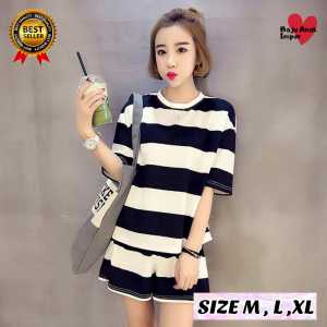 Setelan Harian Homewear Wanita Impor Motif Garis-garis Warna Hitam Putih Piyama Wanita Lengan Pendek Baju Bahan Katun Berkualitas