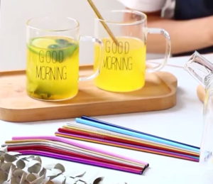 Valentine Gift: 5 in 1 Reusable Stainless Steel Drinking Metal Straw Set | Blue | Pink / Purple