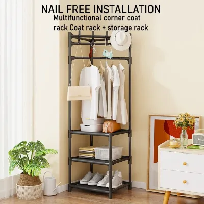 3-Tier Bedrooms Corner Clothes Rack Multi-Layer Nightstand Clothes Coat Racks Simple Household Bedroom Floor Standing Hangers Shelve