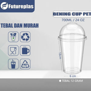 【100 PCS】Gelas Plastik Bening Datar Thinwall PP 24oz 700ml - CUP BENING 24oz 700ml - CUP MINUMAN KEKINIAN - TUTUP CEMBUNG
