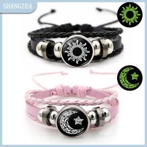 【SHANGZE4】 2pcs sáng vài Vòng đeo tay mặt trời mặt trăng có thể điều chỉnh màu đen bện Vòng đeo tay Tình Bạn thời trang đồ trang sức lãng mạn quà tặng sinh nhật