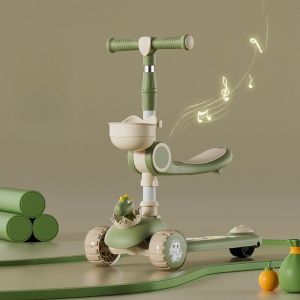 SWIFTTIDE Folding Kids Scooter with Music Seat Adjustable Height Tricycle  Anti-Tip Push Scooter For 2-10Y