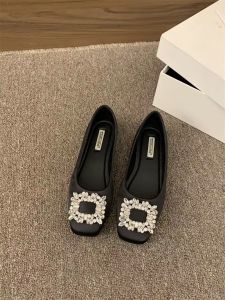 Free Shipping Square Buckle Loafers For Women Versatile Commuting Flats With Rhinestones Shallow Toe Flat Sole New Spring And Autumn Slip-On Style