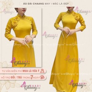 Áo dài thiết kế_Chaang_May sẵn áo dài đẹp khuy bọc 2 bồng hoa vàng vải lụa cao cấp