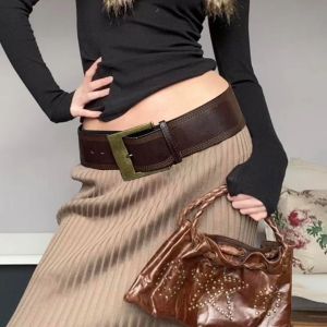 XINSU38 Y2K Retro Wide Waist Belt Pin Buckle Coffee/Red PU Leather Waistbands Punk Trouser Decoration Metal Buckle Wide Belt Woman Girl