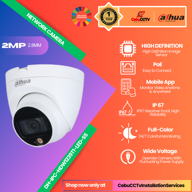 Dahua CCTV Camera (DH-IPC-HDW1239T1-LED-S5) 2MP resolution Full