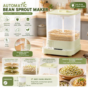 LENODI Home Smart Bean Sprout Maker Automatic Water Circulation 3‑Layer Sprouting Tray 4‑in‑1 Function for Bean Sprouts Yogurt Rice Wine Natto for Household