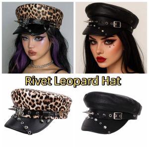 RGFV Hip-hop Rivet Leopard Hat Harajuku Punk Y2k Beret Hat Fashion Black Flat Top Cap for Women